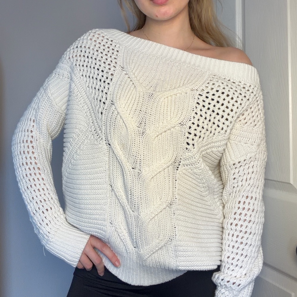 Express Off-Shoulder Cream Cable Knit Sweater